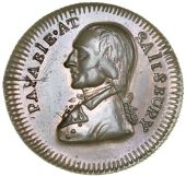 Wiltshire, Salisbury, Skidmore’s mule Halfpenny, from the same obv. die as previous, rev. murd. by the factious,...