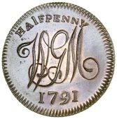 Wiltshire, Salisbury, Skidmore’s mule Halfpenny, wgm cypher, rev. bust of Earl Howe left, edge grained, 10.40g/12h...