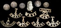 Kent Military Insignia. Comprising a pair of brass s/titles T/4/RWKent and similar T/5/RWKent, a single brass...