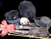 Tropical Helmets and Forage Caps. A large assortment including three white canvas tropical helmets, a tricorne hat...