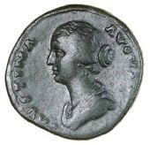 Roman Imperial coins, Faustina II (Augusta 146-175), Sestertius, 157-61, draped bust left, rev. AVGVSTI PII FIL,...