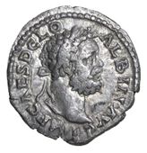 Roman Imperial coins, Clodius Albinus (195-197), Denarius, Lugdunum, laureate head right, draped on shoulder, rev....