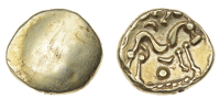 Gallo-Belgic issues, Stater, series E [Ambiani], blank, rev. disjointed horse right, pellets and ornament above,...