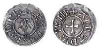 Viking Coinages: Danish East Anglia, St Edmund Memorial coinage, Penny, Adradus, sc eadmvmd rex around A, rev....