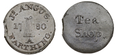 Lanarkshire, Glasgow, James Angus, Farthings, 1780 (4), tea shop, 3.18g/6h (DH 18), a shift (3), 4.01g/6h (DH 20),...