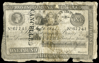 One Pound, 1 August 1844, no. 67741, Athlone, stamped cancelled on left side (PR 34; Pick –). Split and rejoined...