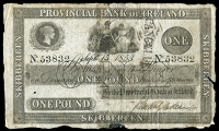 One Pound, 15 September 1853, no. 53832, Skibbereen, stamped cancelled on right side (PR 35; Pick –). Split and...