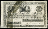 One Pound, 1 July 1858, A 59361, Waterford (PR 35; Pick –). Split and rejoined  with tape on left side, leaving...