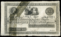 One Pound, 1 July 1858, A 59361, Waterford (PR 35; Pick –). Split and rejoined  with tape on left side, leaving...