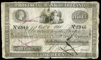 Three Pounds, 1 October 1869, no. 2345, Clogheen, three inked ‘X’s on front (PR 40; Pick –). Split and...