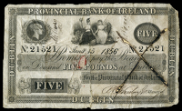 Five Pounds, 15 January 1856, no. 21521, Dublin, large inked ‘X’ on right side which has scored through the...