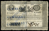 Five Pounds, 5 November 1870, no. 9460, several cancelled stamps on left side, inked cancellations on right (PR 53,...