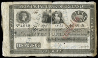 Ten Pounds, 1 September 1852, no. 4649, Galway, stamped cancelled thrice (PR 42; Pick –). Split and partially...