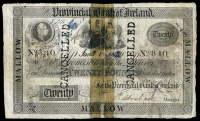 Twenty Pounds, 1 January, 18—, no. 840, Mallow, stamped cancelled twice (PR 26, this note illustrated; Pick –)....