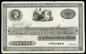 Twenty Pounds, proof on paper, Monaghan, stamped specimen at lower right, pencilled ‘9th August 1859’ in lower...
