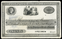 Twenty Pounds, proof on paper, Monaghan, stamped specimen at lower right, pencilled ‘9th August 1859’ in lower...