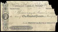 One Hundred Pounds, Proof on paper, Waterford, pencilled ‘to this March 23rd’ at lower right (PR 45; Pick –)....