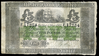 Five Pounds, 1 March 1912, F 17254, signature of R. Patton (UB 34; Pick A132). Light damp stains, otherwise good...