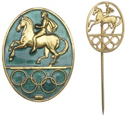 Equestrian Olympic Games, Stockholm, 1956, a uniface gilt metal and green enamel official’s badge...