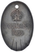 Grootfontein, Brass Native Pass, unstamped, 52 x 35mm (Hern 810g). Cancellation scratches, otherwise fine
 	£90-120
