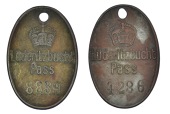 Luderitzbucht, brass Native Passes (2), stamped 4286, 8839, both 52 x 35mm (Hern 810m) [2]. Fine 	£100-150
