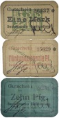 Swakopmund, Swakopmunder Buchhandlung GmbH, yellow card One Mark, no. 36437; white cloth 25 Pfennigs, no. 15629;...