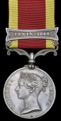 China 1857-60, 1 clasp, Pekin 1860 (Ag. 3rd C. Ast. Apoy. Shaik Ameer, H.M.S. Zenbia I.N.) impressed naming, slight...