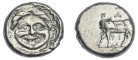 Greek Coinages, Mysia, Parion, Hemidrachm, 4th cent., gorgoneion, rev. bull standing left, head right, below, bee...