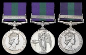 General Service 1918-62 (3), 1 clasp, Malaya, E.II.R. (23673416 Pte. F. Davies, Foresters; 14488359 Sgt. R. McLean,...