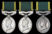 Efficiency Medal (3), G.VI.R., 1st issue, Militia (4976370 Pte. F. West, Foresters; 497619 Pte. T. A. Barker,...