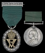 Volunteer Officers’ Decoration, V.R. cypher, unnamed, hallmarks for London 1892, complete with brooch bar;...