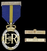 Army Emergency Reserve Decoration, E.II.R., reverse officially dated ‘1953’, with two loose bars, both dated...