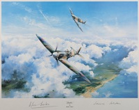 A first edition print entitled “Spitfire” by Robert Taylor, depicting Douglas Bader and Johnnie Johnson in their...