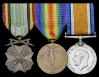 A Belgian Great War group of three awarded to L. M. Oeters

Belgium, Civic Medal, 3rd Class with swords, bronze;...