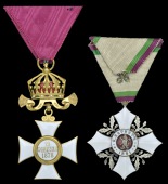 Bulgaria, Order of St. Alexander, 4th Class breast badge, gilt base metal and enamel, with rosette on triangular...