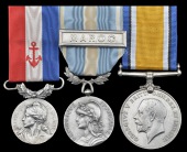 An Anglo-French group of three awarded to Swedish recipient Olaf A. Benson, Merchant Navy, killed in action when...