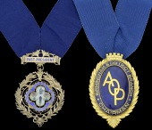British Optical Association, Past President’s Badge, by Spink, London, 50 x 44mm., silver-gilt and enamel, reverse...
