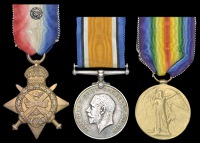 Three: Corporal F. W. Mason, 4th Battalion Middlesex Regiment

1914 Star (G-262 Pte., 4/Midd’x. R.) rosette on...