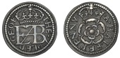 Pattern Halfpenny pledge, c. 1576, in silver, crowned royal monogram, the · pledge · of, rev. · a · halfpenny...
