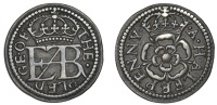 Pattern Halfpenny pledge, c. 1576, in silver, crowned royal monogram, the · pledge · of, rev. · a · halfpenny...