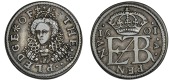 Pattern Penny pledge, 1601, by C. Anthony, in silver, crowned bust of Queen three-quarters left, wearing high ruff,...