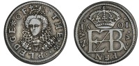Pattern Penny pledge, 1601, by C. Anthony, in silver, crowned bust of Queen three-quarters left, wearing high ruff,...