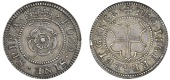 Pattern Penny or medallic jeton, in silver, crowned double rose, x rosa · sine · spina, rev. pro · lege · rege...