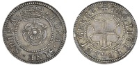 Pattern Penny or medallic jeton, in silver, crowned double rose, x rosa · sine · spina, rev. pro · lege · rege...