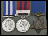 Three: Private W. Mosedale, 2nd Battalion Derbyshire Regiment

Egypt and Sudan 1882-89, dated reverse, no clasp...