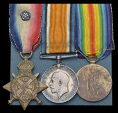 Three: Private H. W. Smith, 1st Battalion Nottinghamshire & Derbyshire Regiment  

1914 Star, silver rosette on...