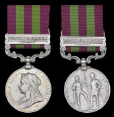 India General Service 1895-1902 (2), 1 clasp, Punjab Frontier 1897-98 (5070 Pte. J. W. Ault, 2d Bn. Derby Regt.;...