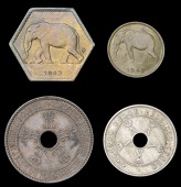 Belgian Congo, Leopold II, 20 Centimes, 1911, 5 Centimes, 1888/7 (KM. 3, 19); Leopold III, 2 Francs, 1943, Franc,...