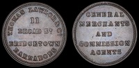 Barbados, BRIDGETOWN, Thomas Lawlor & Co, copper check, legend both sides, 4.36g/12h (Lyall 88; Prid. 29; Roehrs...