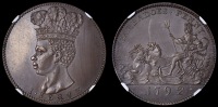 Barbados, ST. JAMES, Sir Philip Gibbes, Restrike Proof Penny, 1792, in copper, plain top band of coronet, stop in...